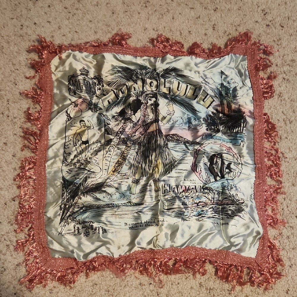 Vintage Honalulu Hawaii Pink Fringe Pillow Cover